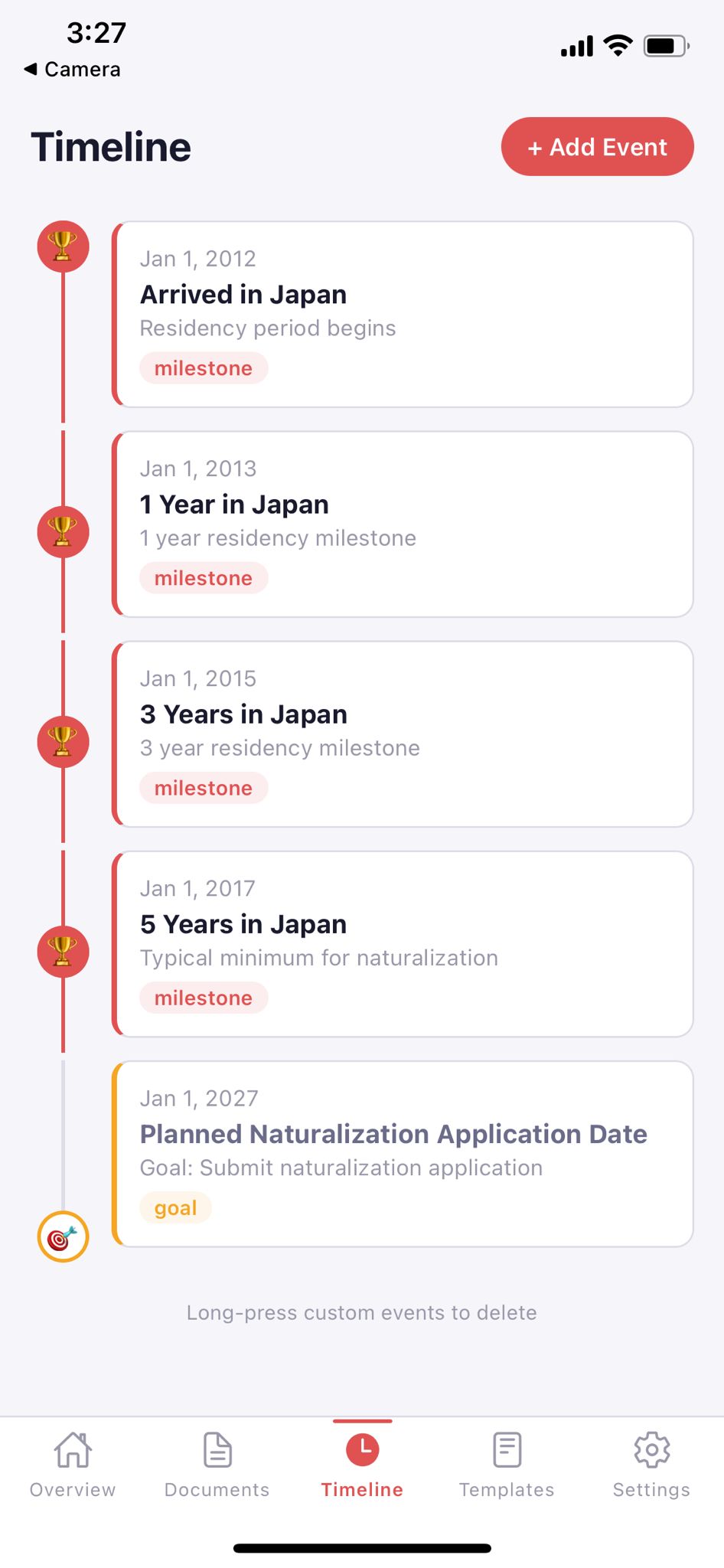 Japanese naturalization timeline — milestone reminders at 90, 60, 30 days before application